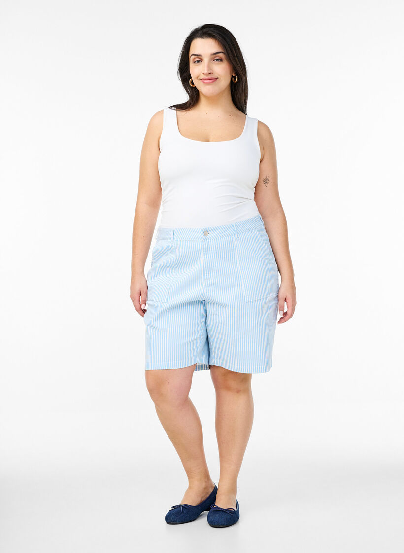 Gestreepte bermudashorts met hoge taille, Blauw, Model image number 1