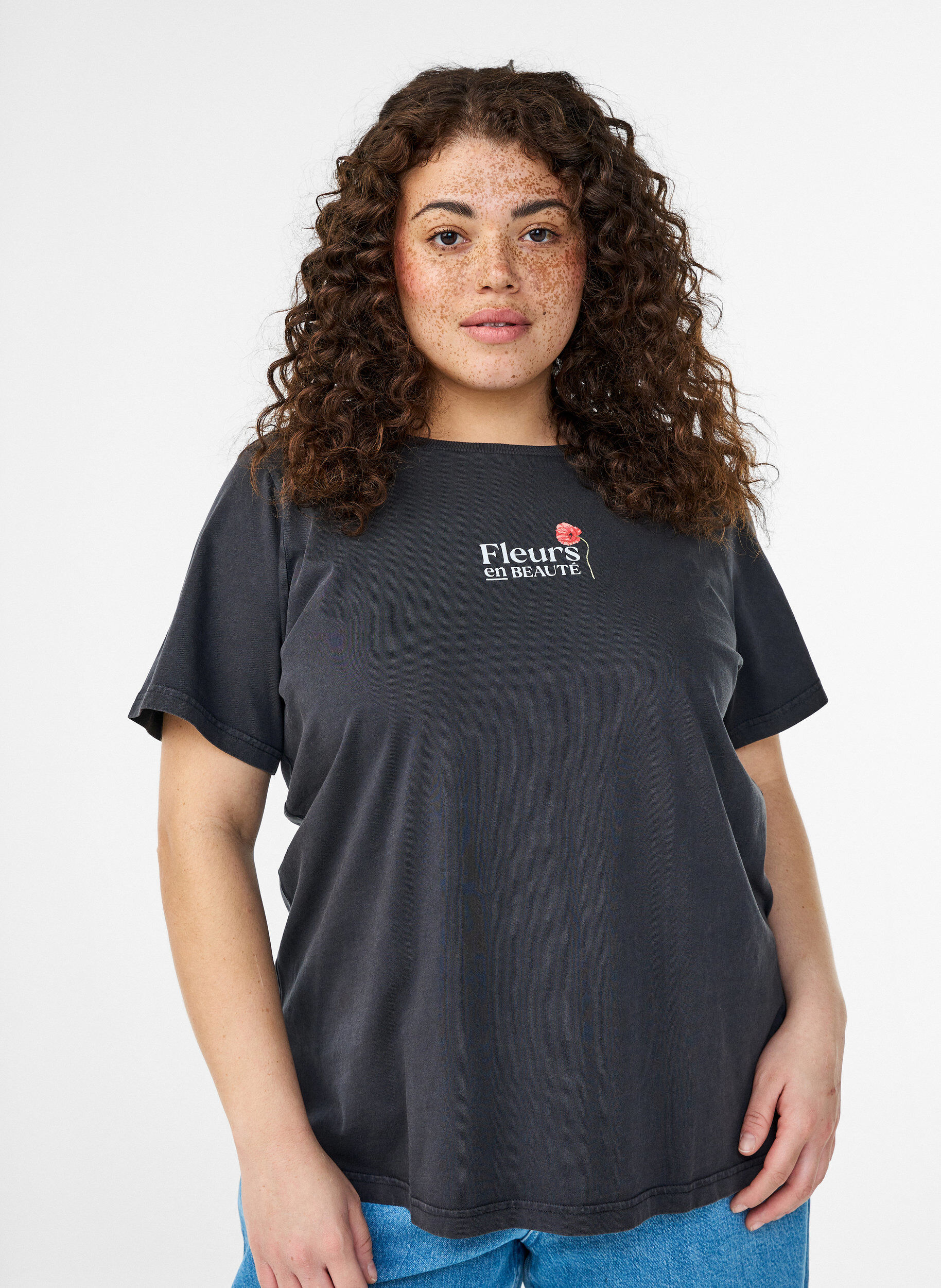 Katoenen T-shirt met print op de voorkant en achterkant, Grijs, Model