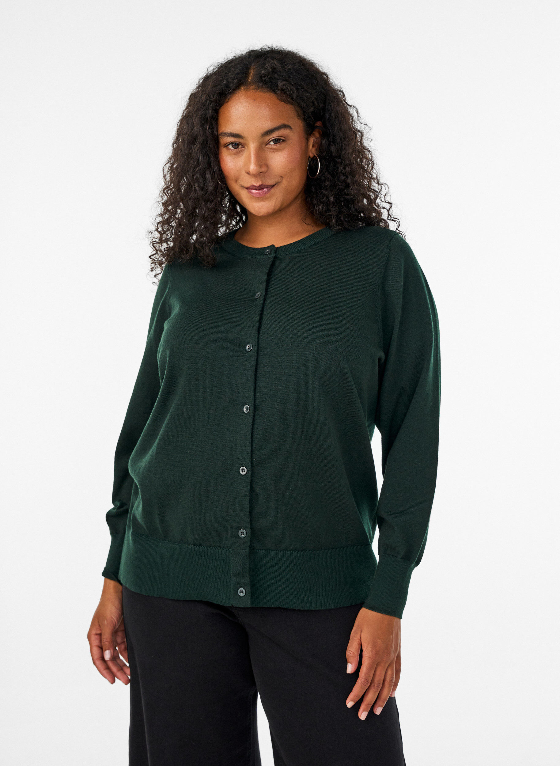 Fijngebreide cardigan met ronde hals, Groen, Model