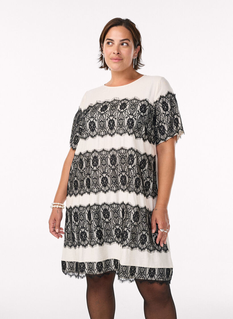 Korte jurk met contrasterende kanten panelen, Beige, Model image number 0