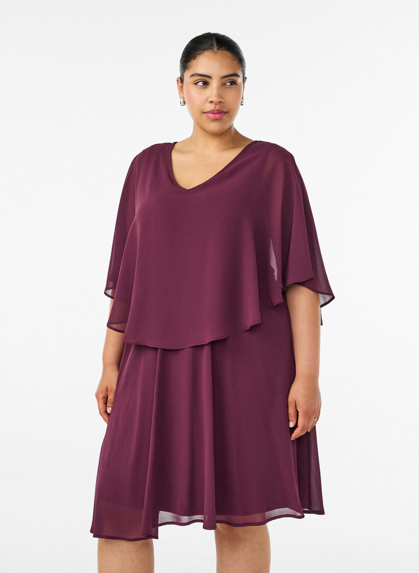 Korte chiffon feestjurk met gelaagd effect, Rood, Model image number 0