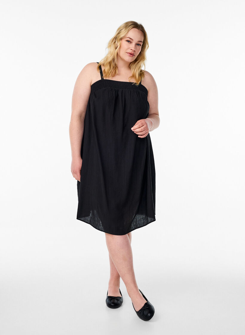 Korte viscose jurk met spaghettibandjes, Zwart, Model image number 1