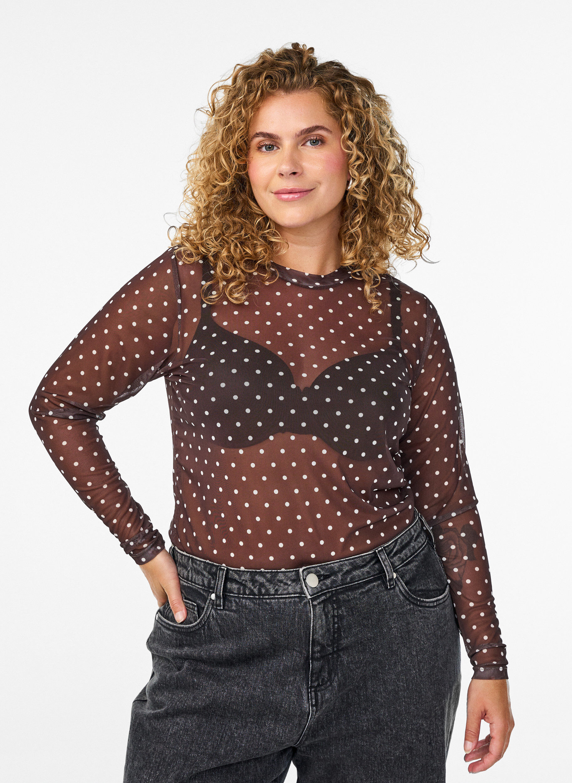 Mesh blouse met stippen, Bruin, Model