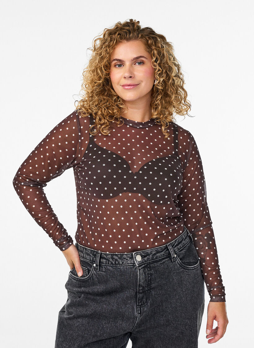 Mesh blouse met stippen, Bruin, Model image number 0