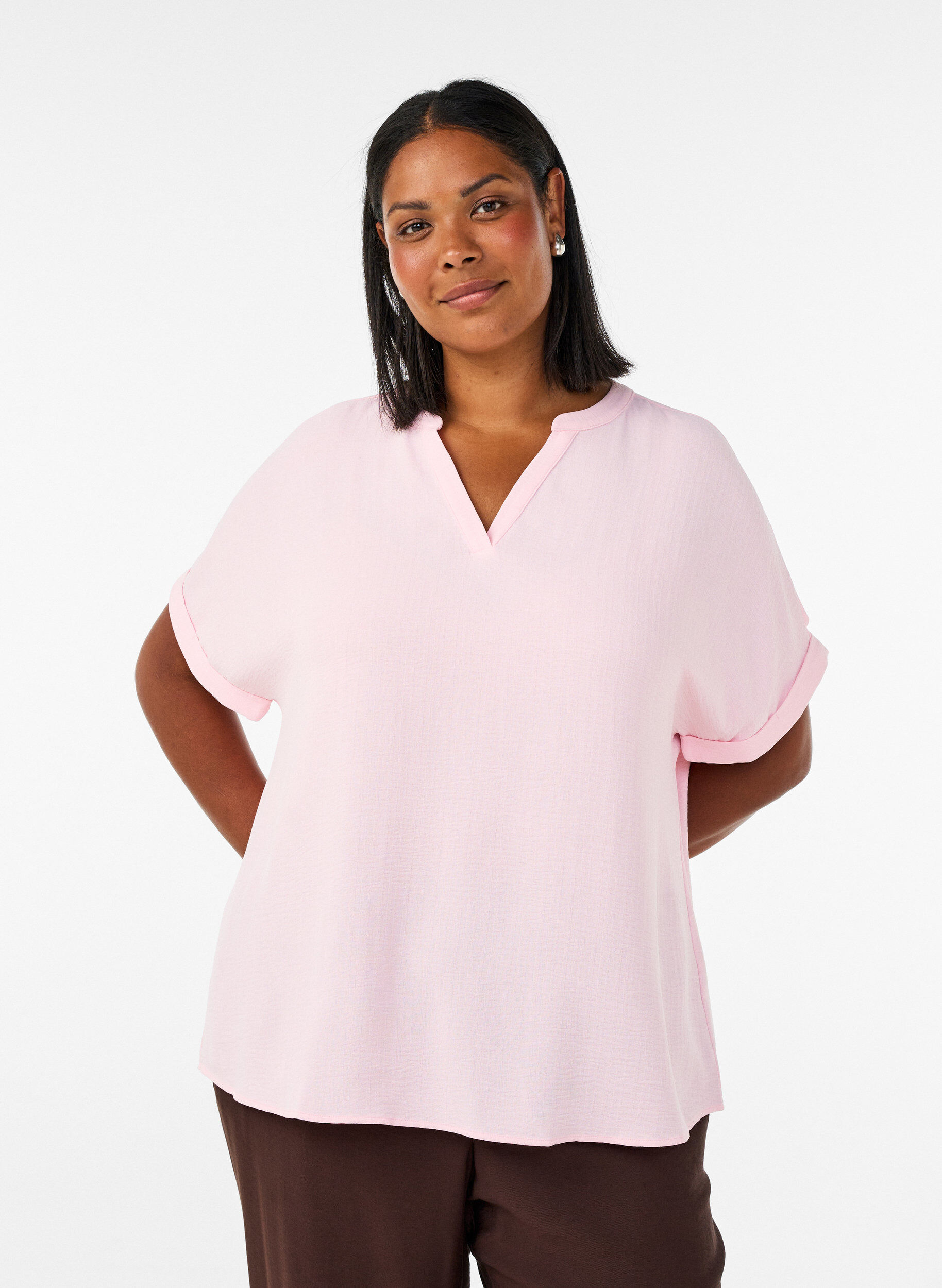 Luchtige blouse met korte mouwen, Roze, Model