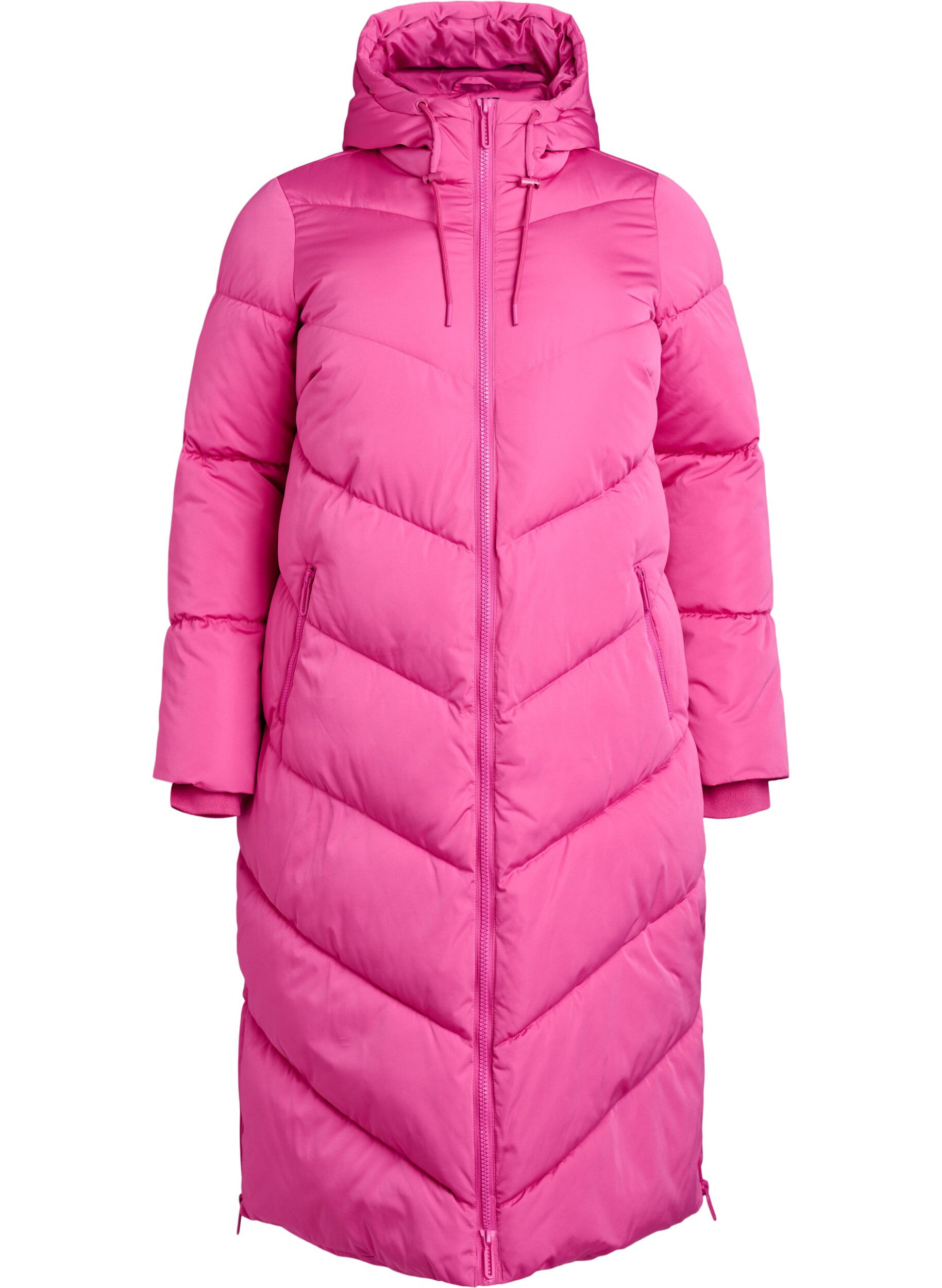 Lange pufferjas met capuchon en zakken