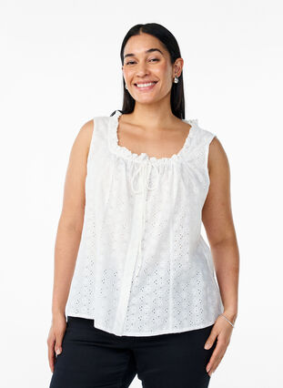 ZizziMouwloze blouse met broderie anglaise en ruches, Vanille, Model image number 0