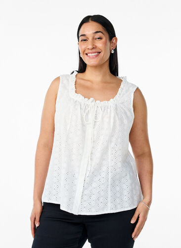 ZizziMouwloze blouse met broderie anglaise en ruches, Vanille, Model image number 0