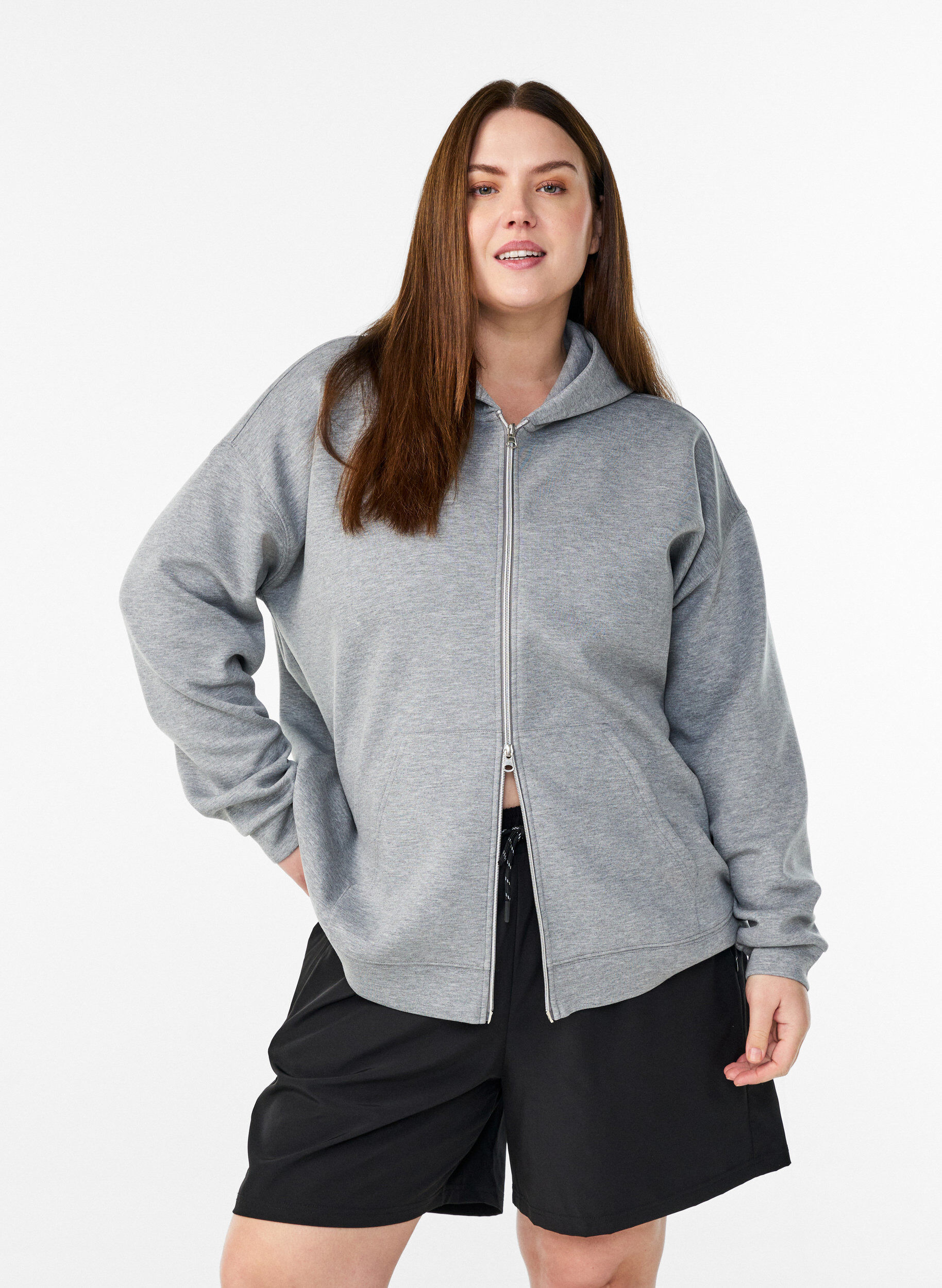 Scuba-hoodie met rits en zakken, Grijs, Model