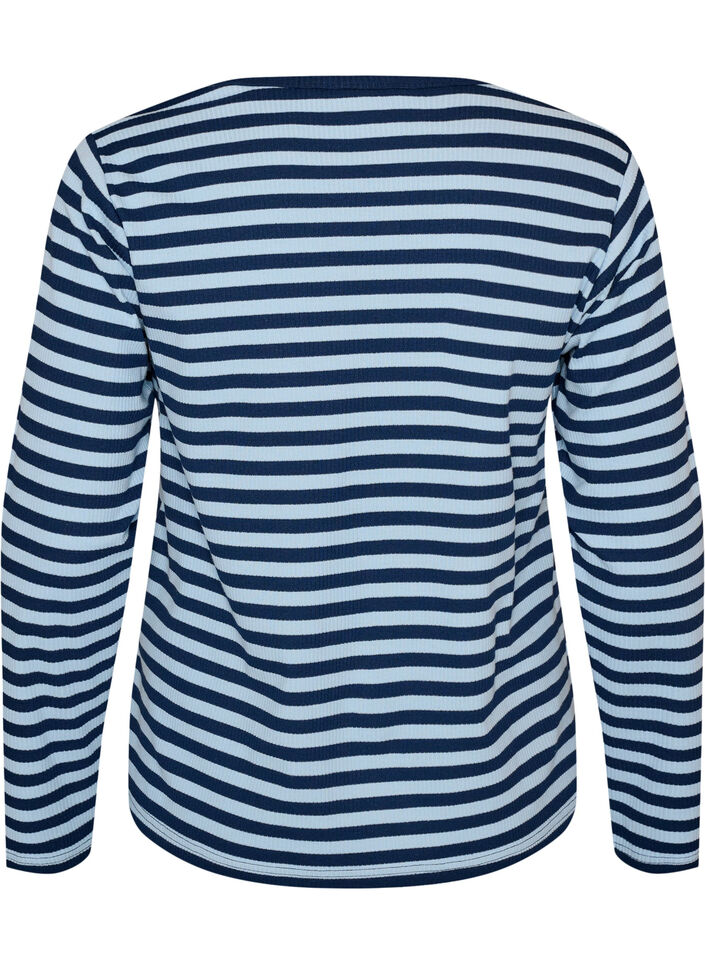 Nachtbovenstuk met lange mouwen in geribde jersey met strepen, Blauw, Packshot image number 1