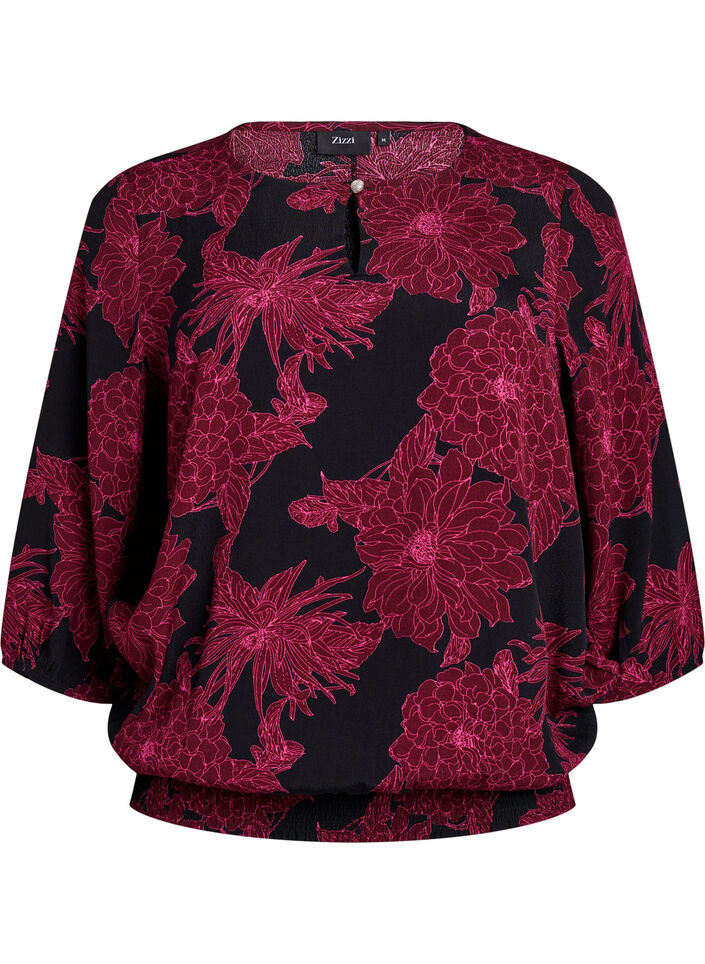Viscose blouse met bloemenprint en smockwerk, Donker Bordeaux, Packshot image number 0