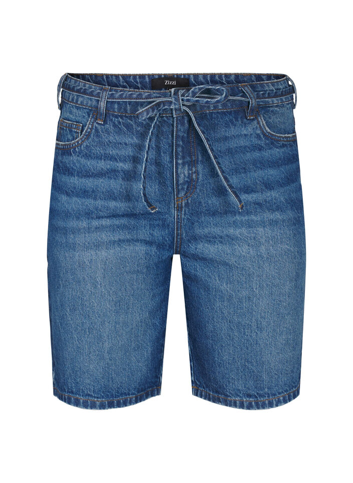 Strakke pasvorm denim shorts met strikriem, Blue Denim, Packshot