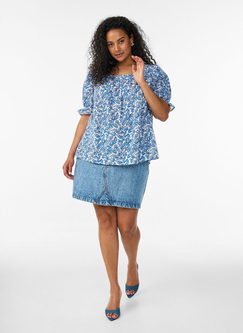 Katoenen blouse met vierkante halslijn, Blauw, Model image number 1