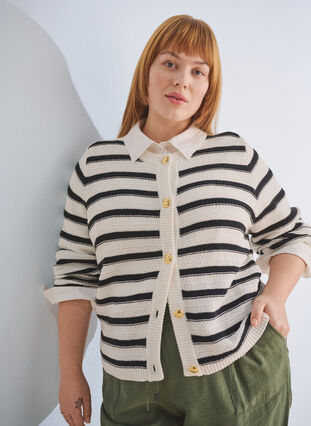 ZizziGestreepte cardigan met gouden knopen in breisel, Cloud D. w. Black, Image image number 0