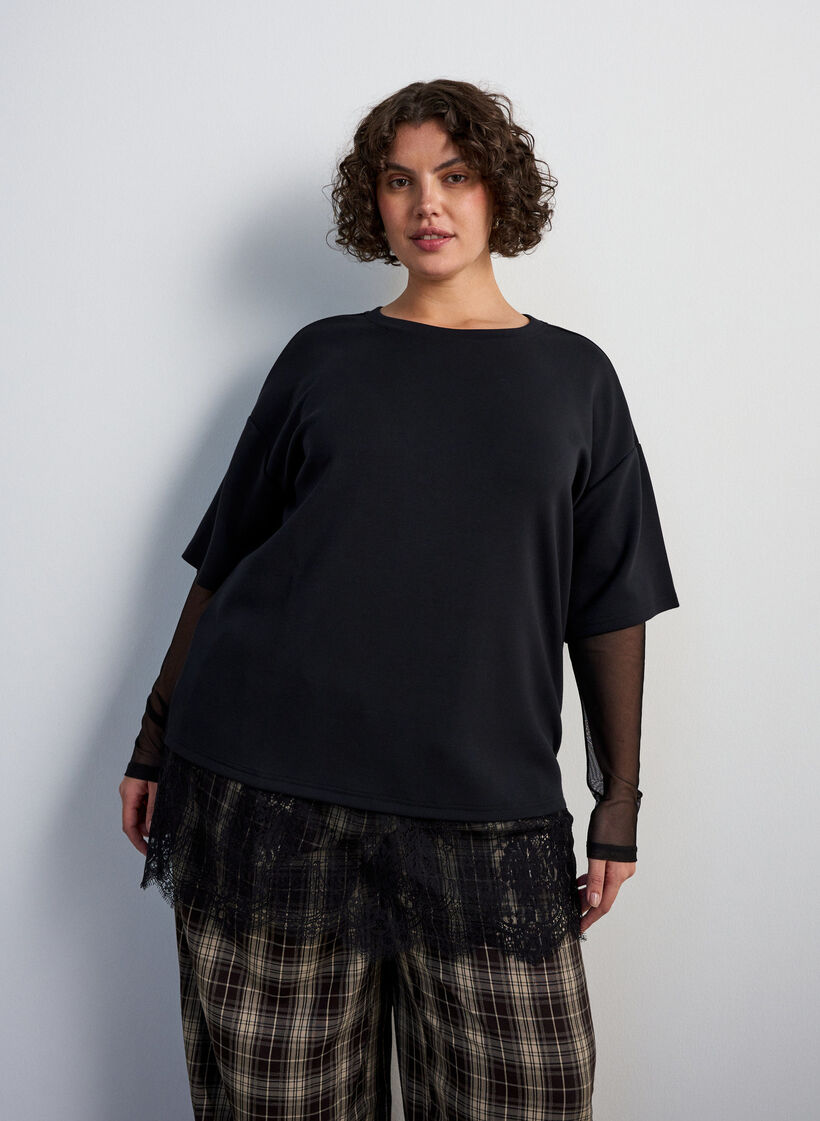 Blouse met mouwen van mesh en kanten bies, Zwart, Model image number 0