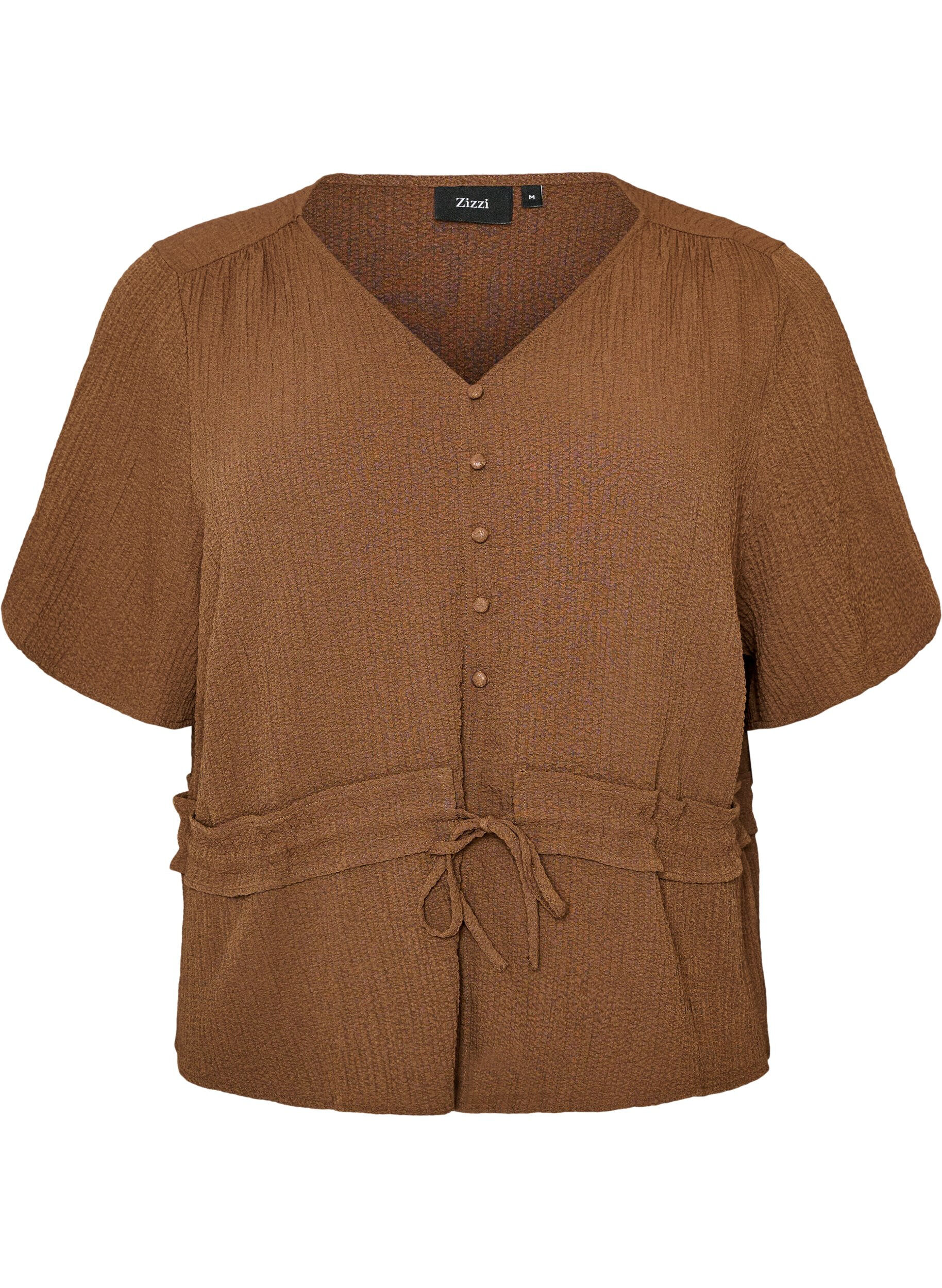 ZizziBlouse met textuur en een strik in de taille, Bruin, Packshot image number 0
