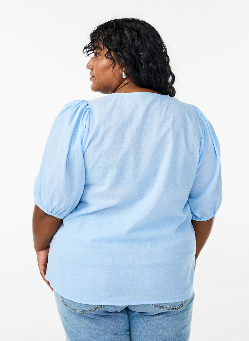 Shirtblouse met strikkoord en gestippelde textuur, Blauw, Model image number 2