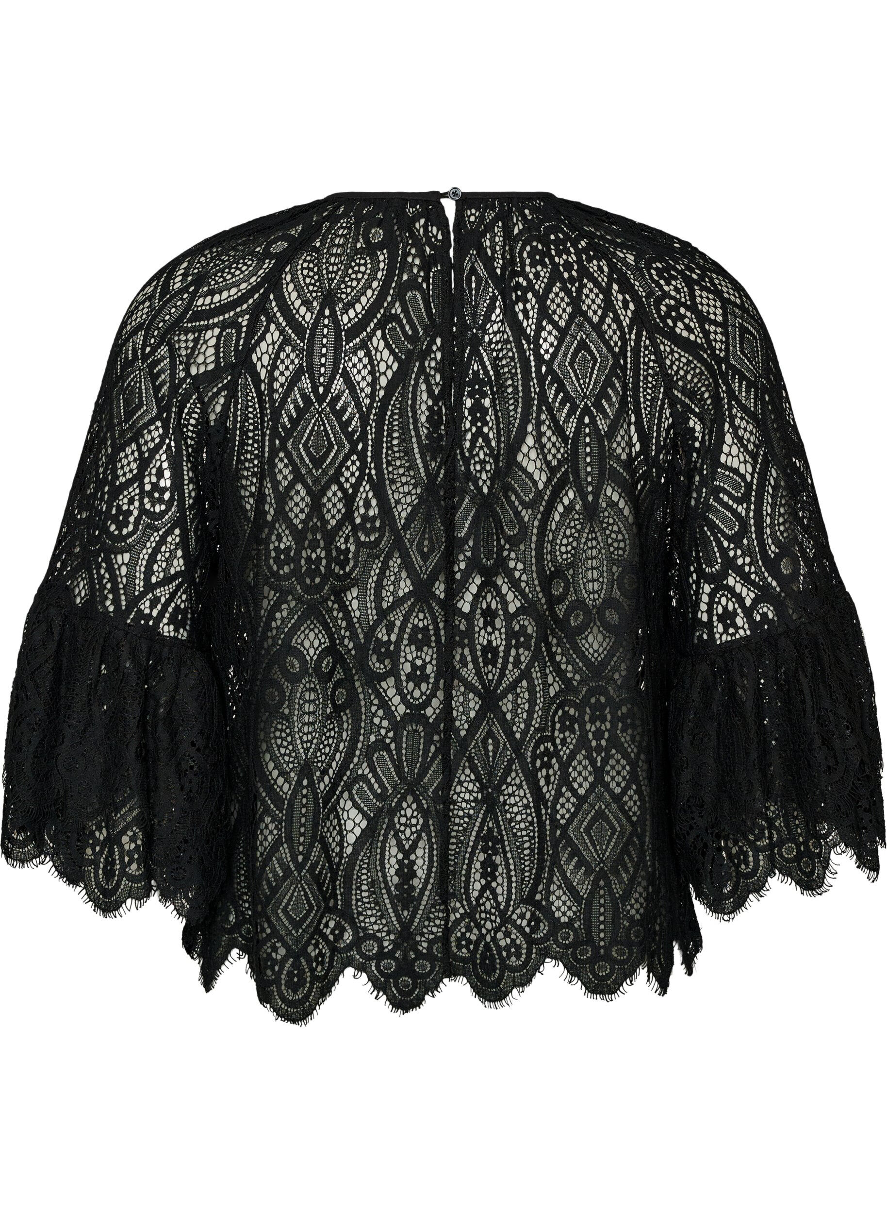ZizziKanten blouse met lange trompetmouwen en ruches, Zwart, Packshot image number 1
