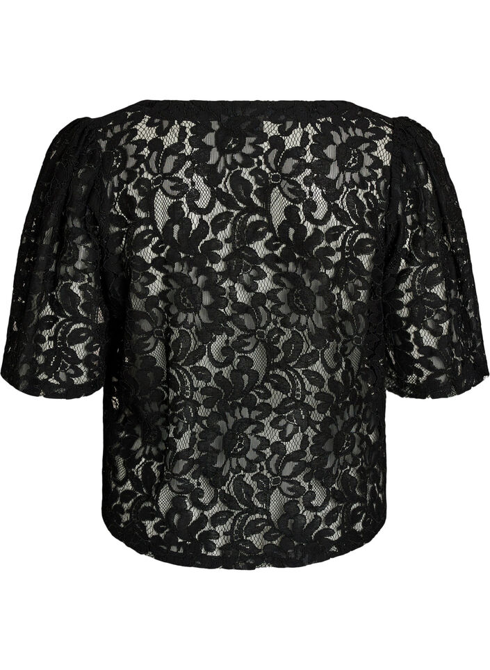 Kanten blouse met korte mouwen en V-hals, Zwart, Packshot image number 1