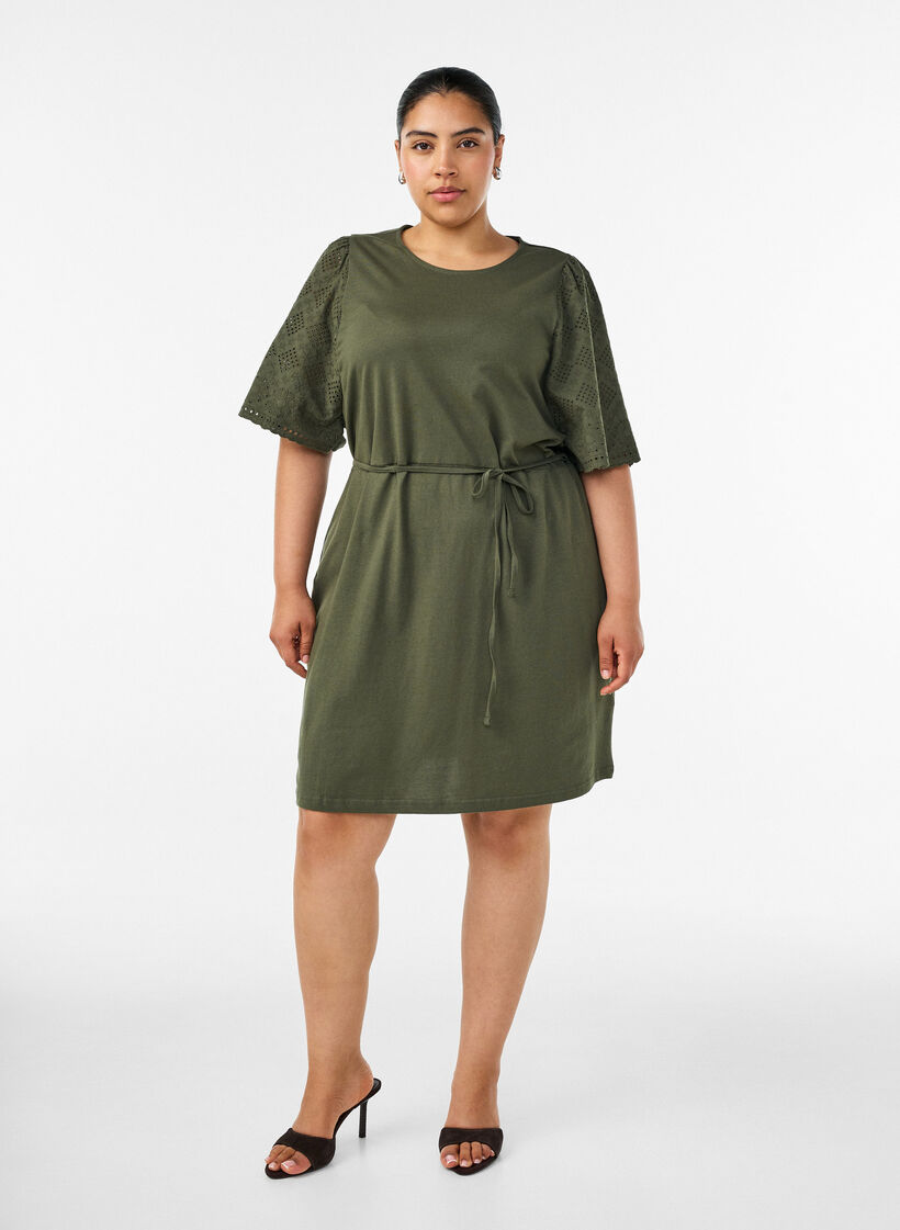 Katoenen jurk met broderie anglaise mouwen en een strik in de taille, Groen, Model image number 1