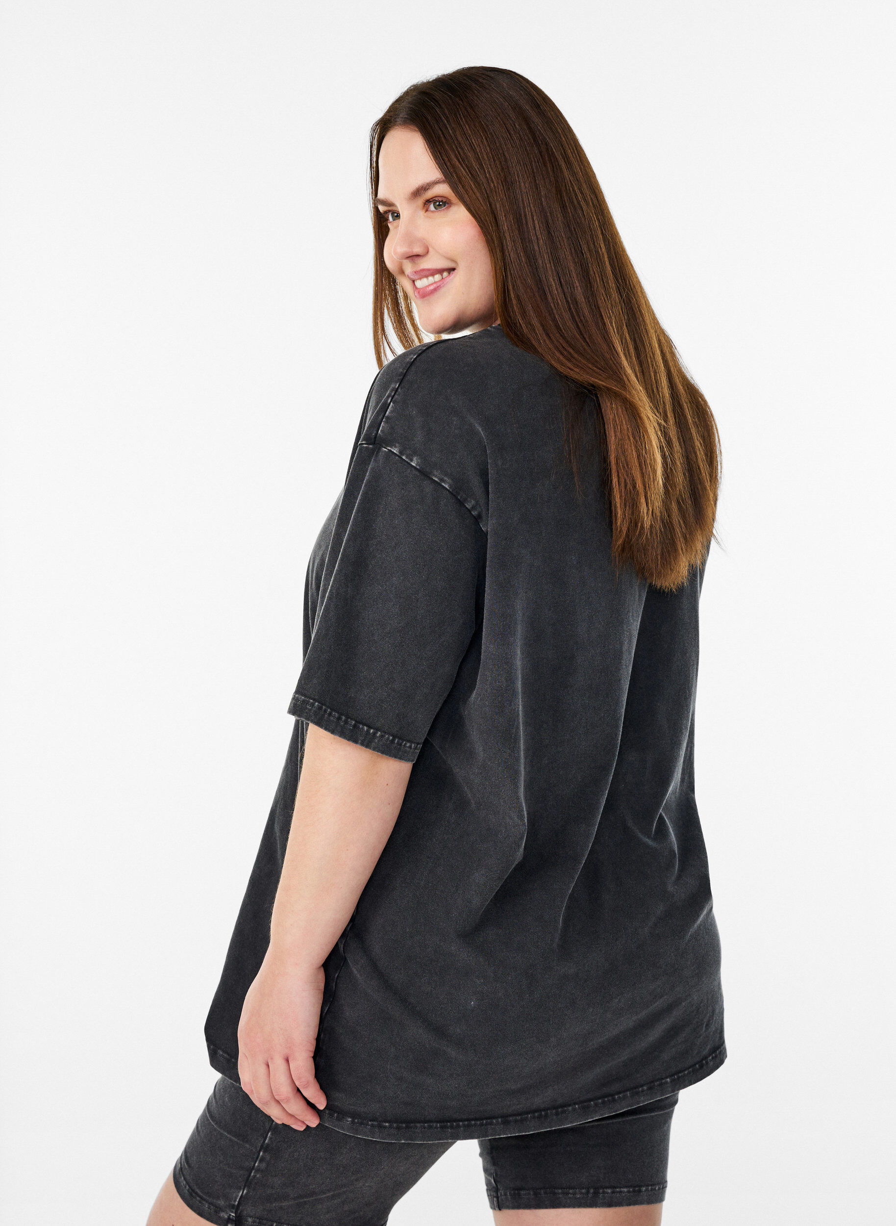 ZizziSporty katoenen T-shirt met een gewassen effect, Zwart, Model image number 2