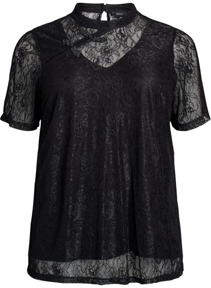 Kanten blouse met twistdetail en korte mouwen, Zwart, Packshot