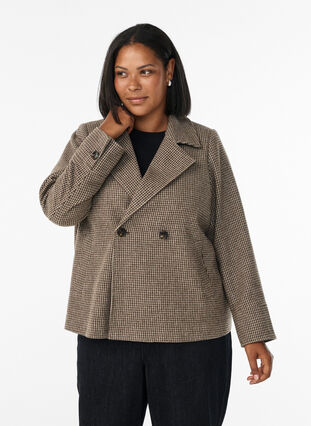 ZizziKorte blazer met dubbele rij knopen, Brown Check , Model image number 0