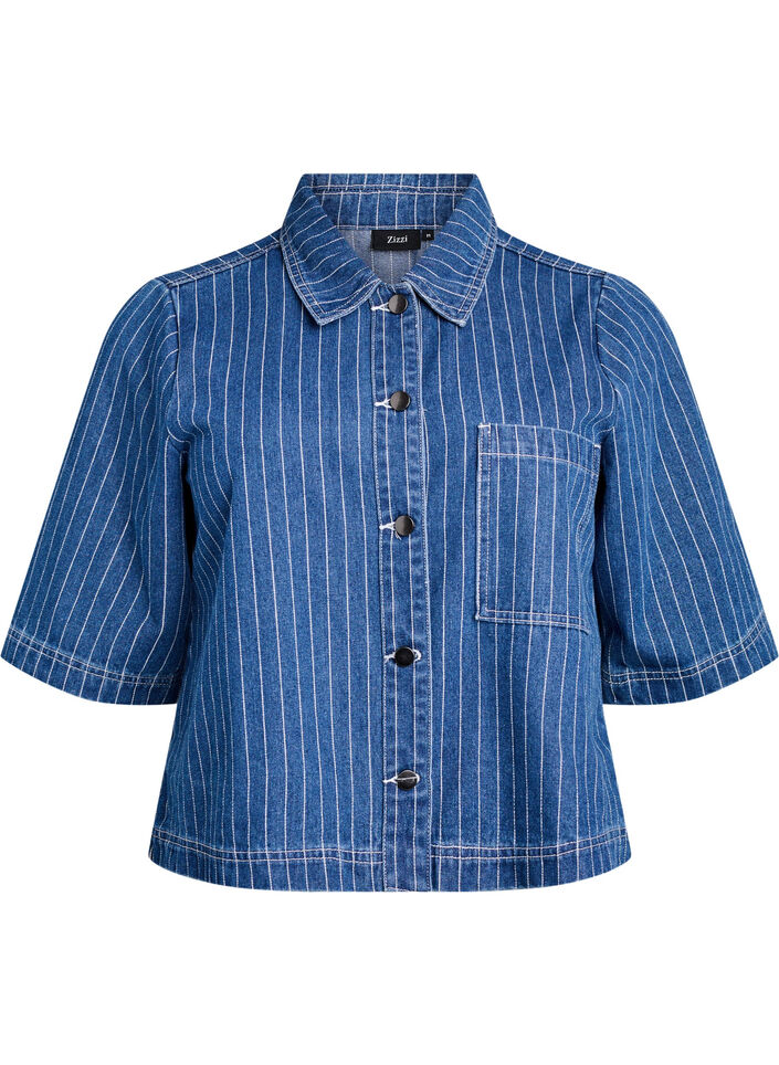 Gestreept denim shirt met korte mouwen, Blue Denim Stripe, Packshot