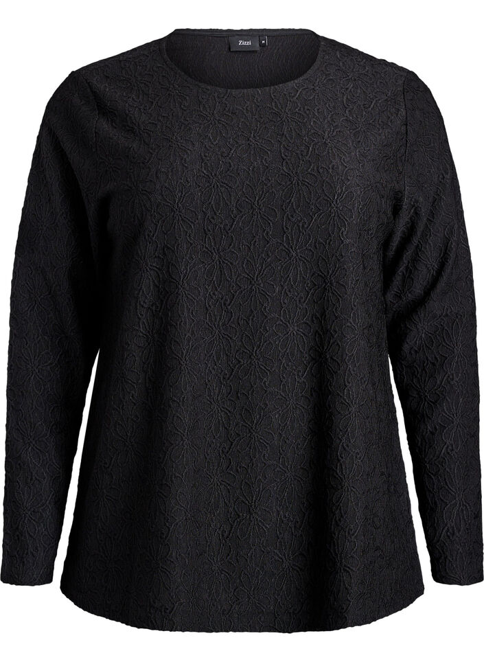 Blouse met lange mouwen en bloemenstructuur, Zwart, Packshot image number 0