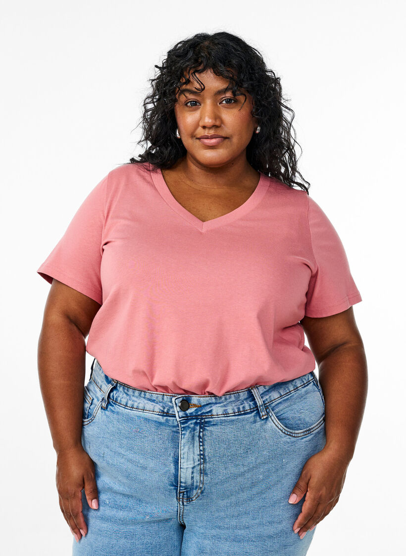 Basis T-shirt van katoen met een V-hals, Rood, Model image number 0