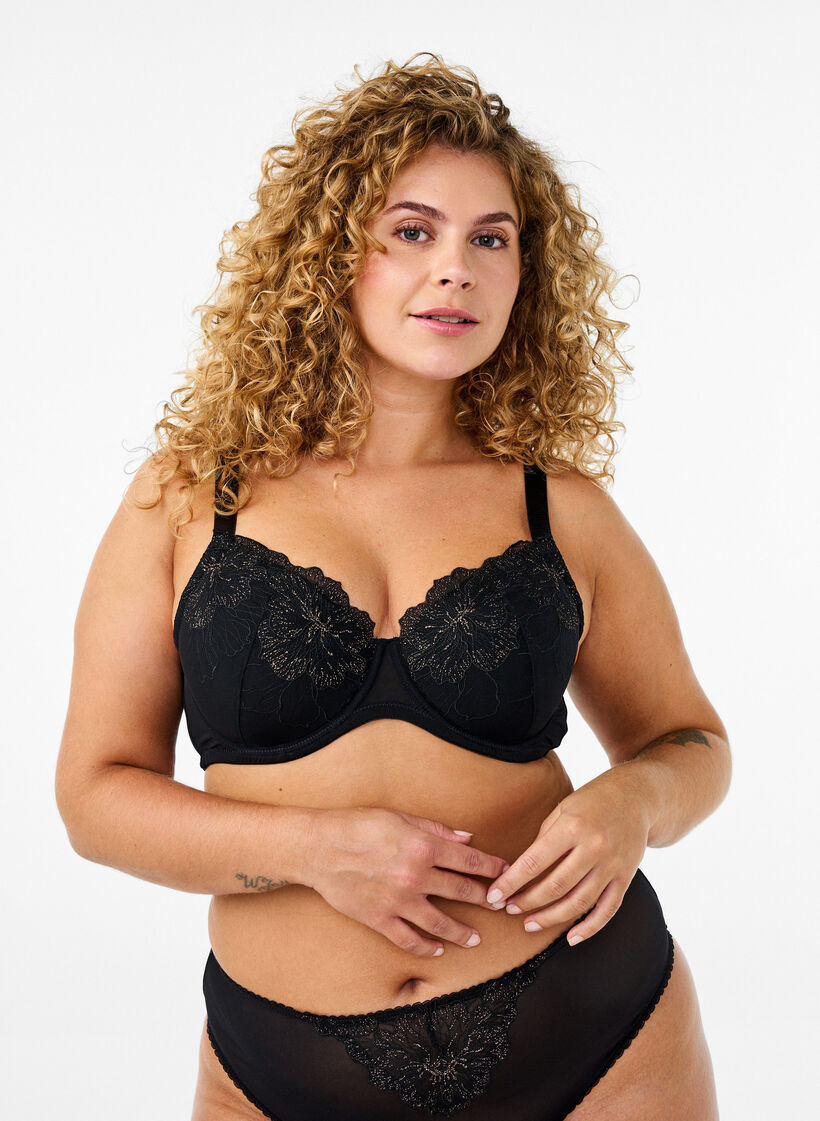 Gewatteerde bh met glanzende geborduurde details, Black, Model