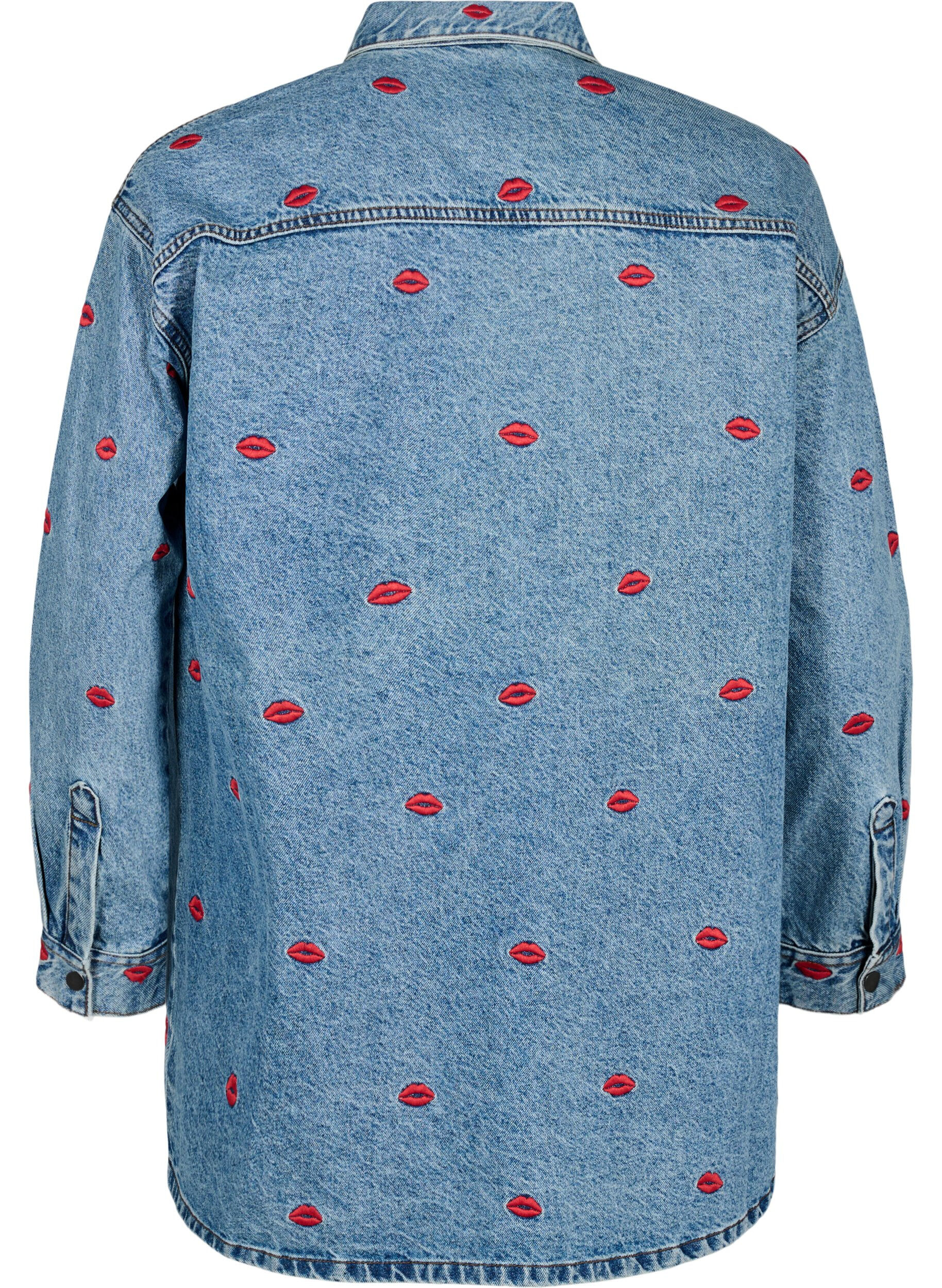 ZizziLosse denim shirt met geborduurde lippen, Light Blue Kiss, Packshot image number 1