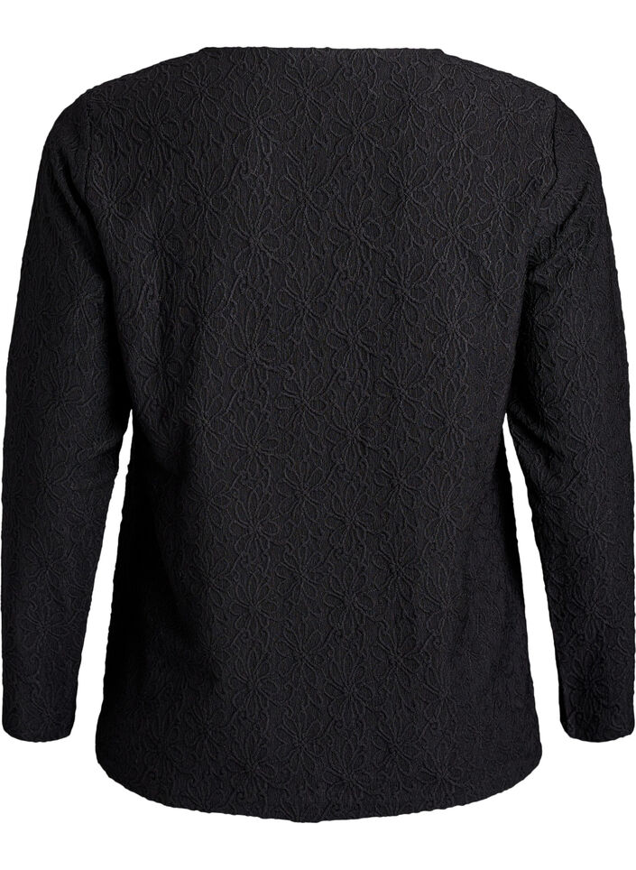 Blouse met lange mouwen en bloemenstructuur, Zwart, Packshot image number 1