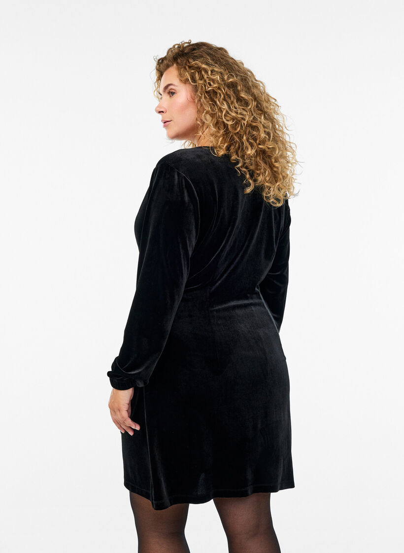 Korte velours jurk met wikkel-effect, Zwart, Model