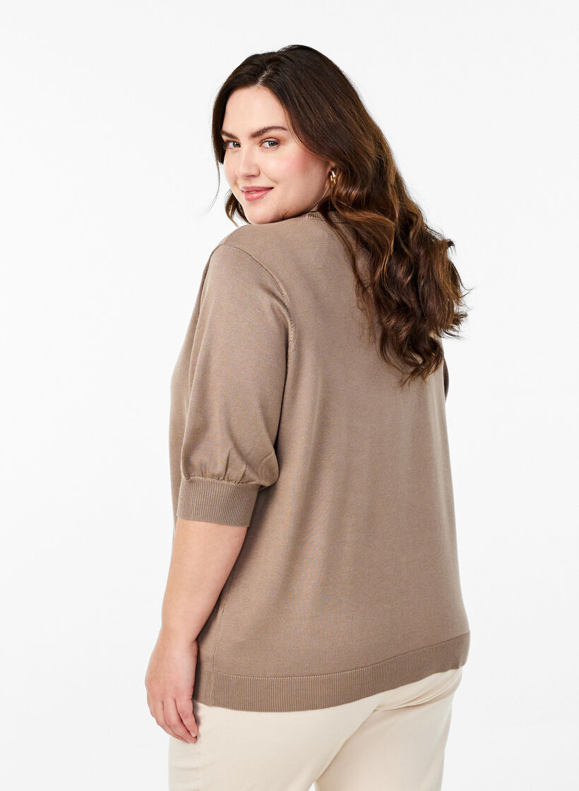 Gebreide blouse met korte mouwen en kleine strikken, Desert Taupe, Model