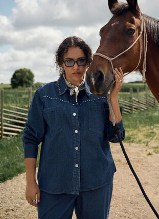 ZizziDenimshirt met studs, Dark Blue Denim, Image image number 0