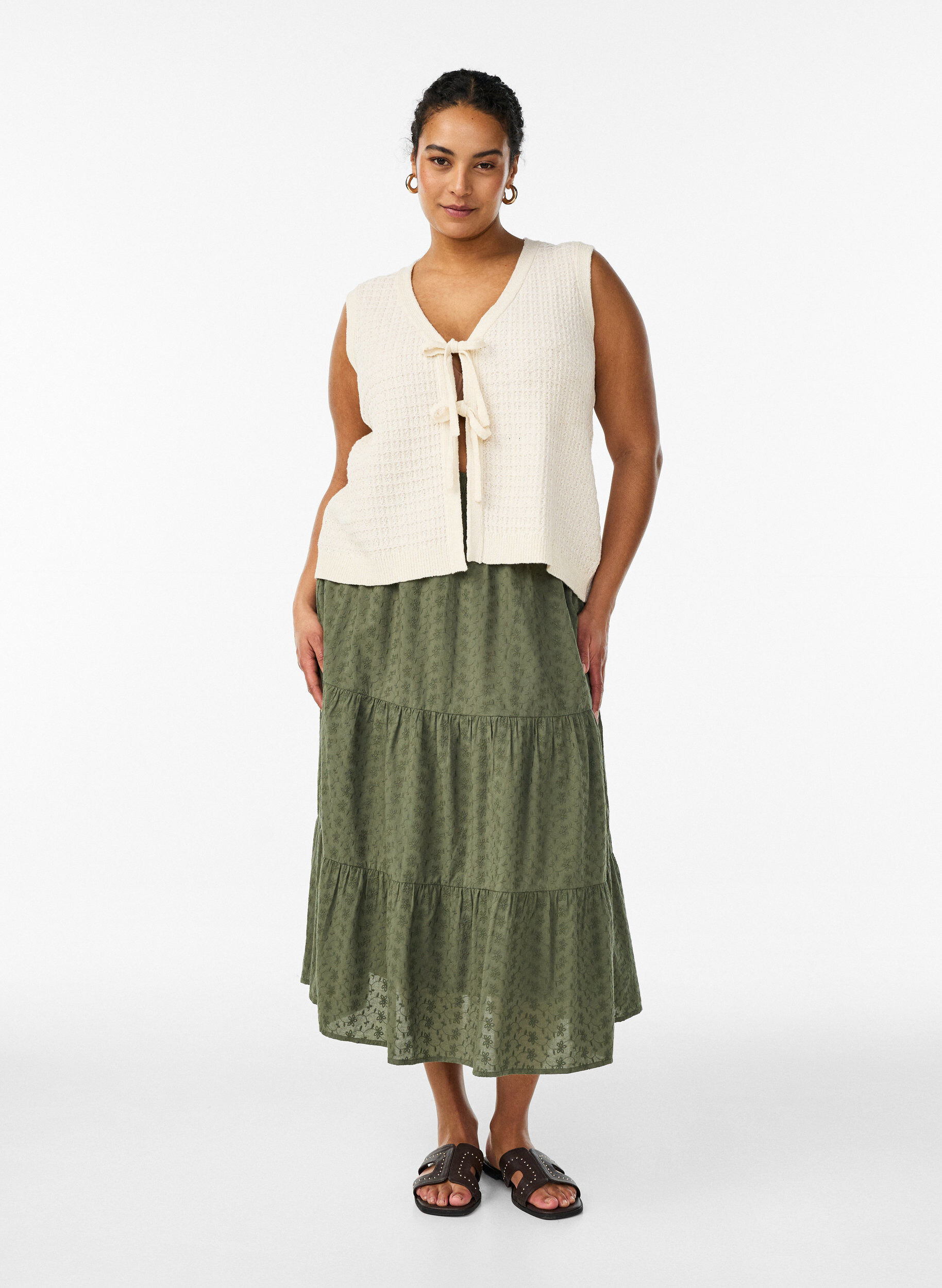 Enkellange katoenen rok met gesmokte taille, Groen, Model
