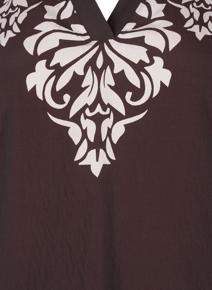 Bloes met korte mouwen, print en ruches, Bruin, Packshot image number 2