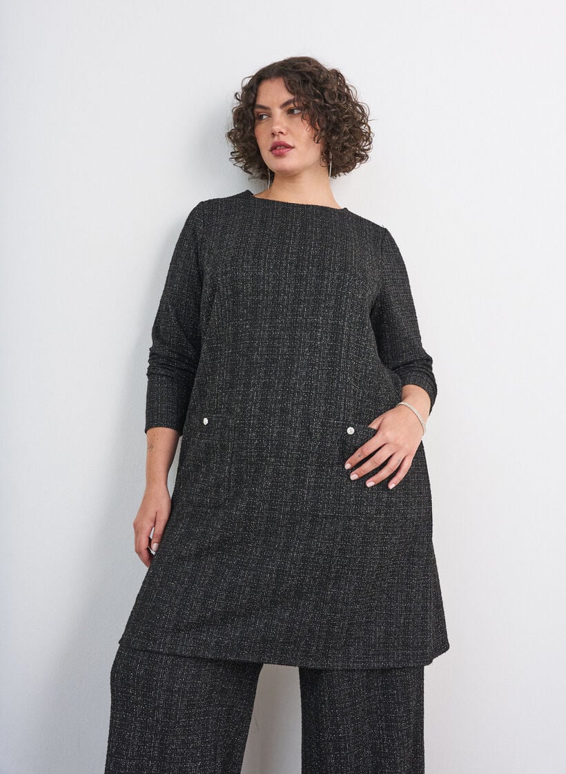 Korte jurk met een boucl&eacute;textuur en glitterdraden, Zwart, Model image number 0