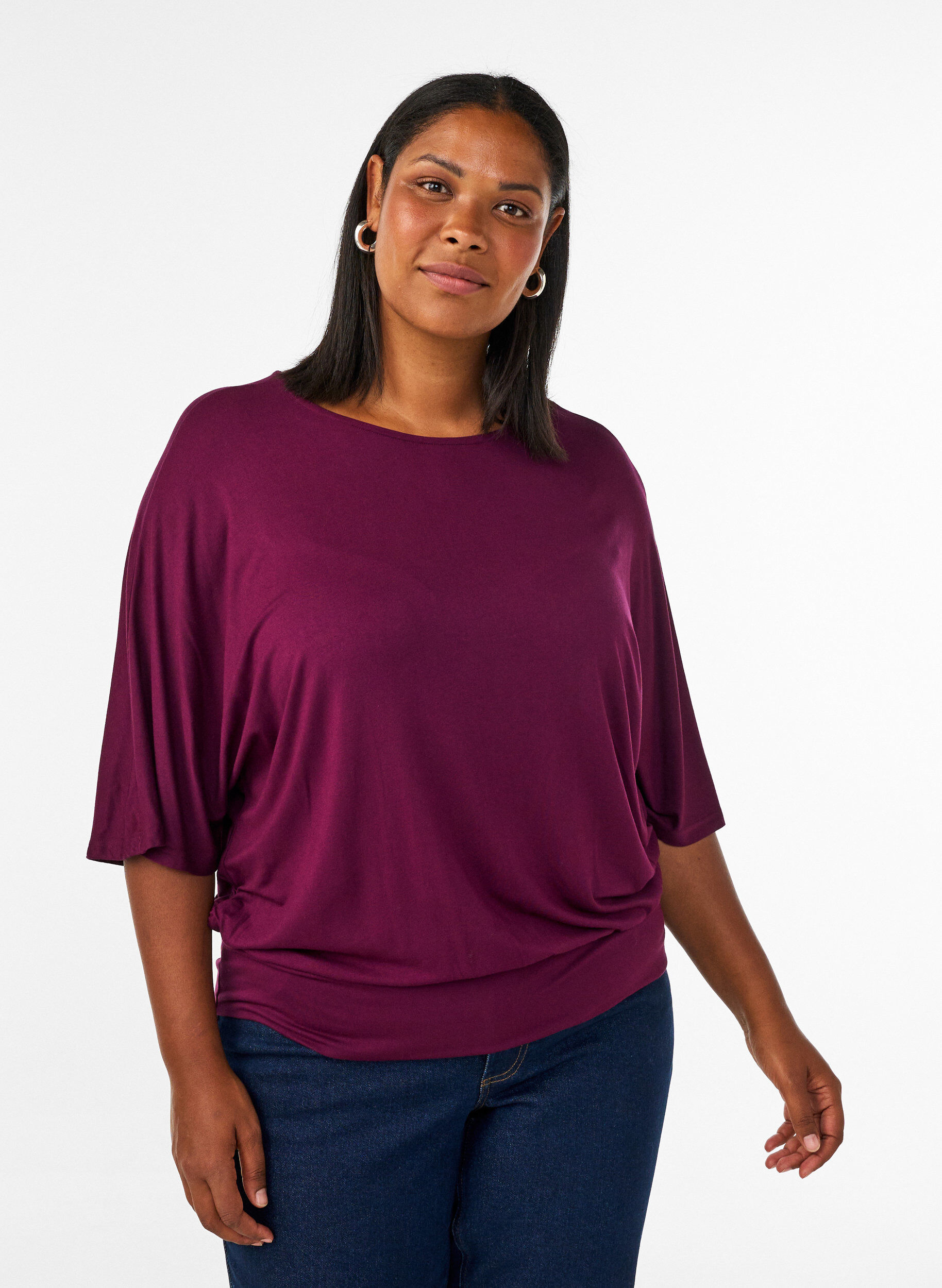 Jersey blouse met halflange ballonmouwen, Paars, Model