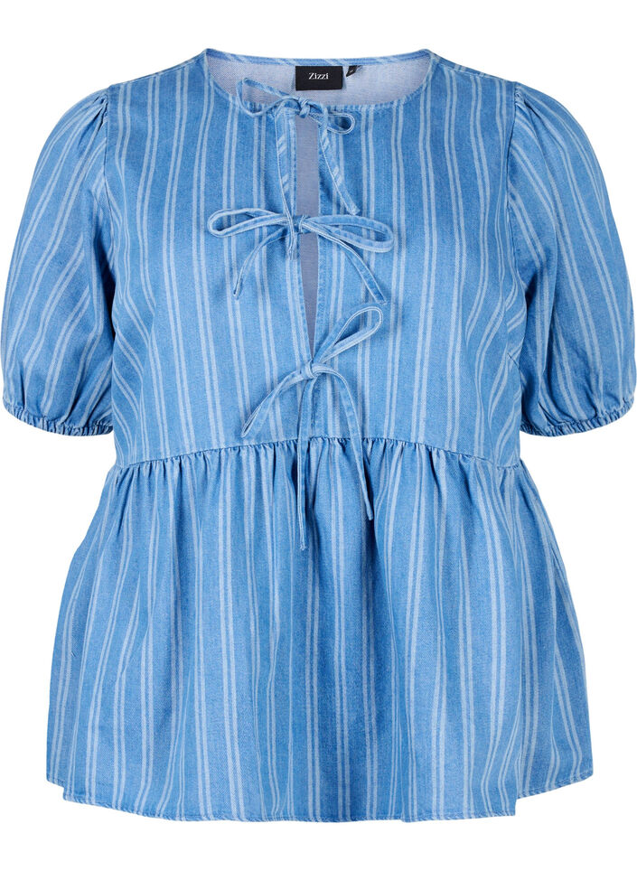 Denim blouse met korte mouwen en streeppatroon, Blue Denim Stripe, Packshot
