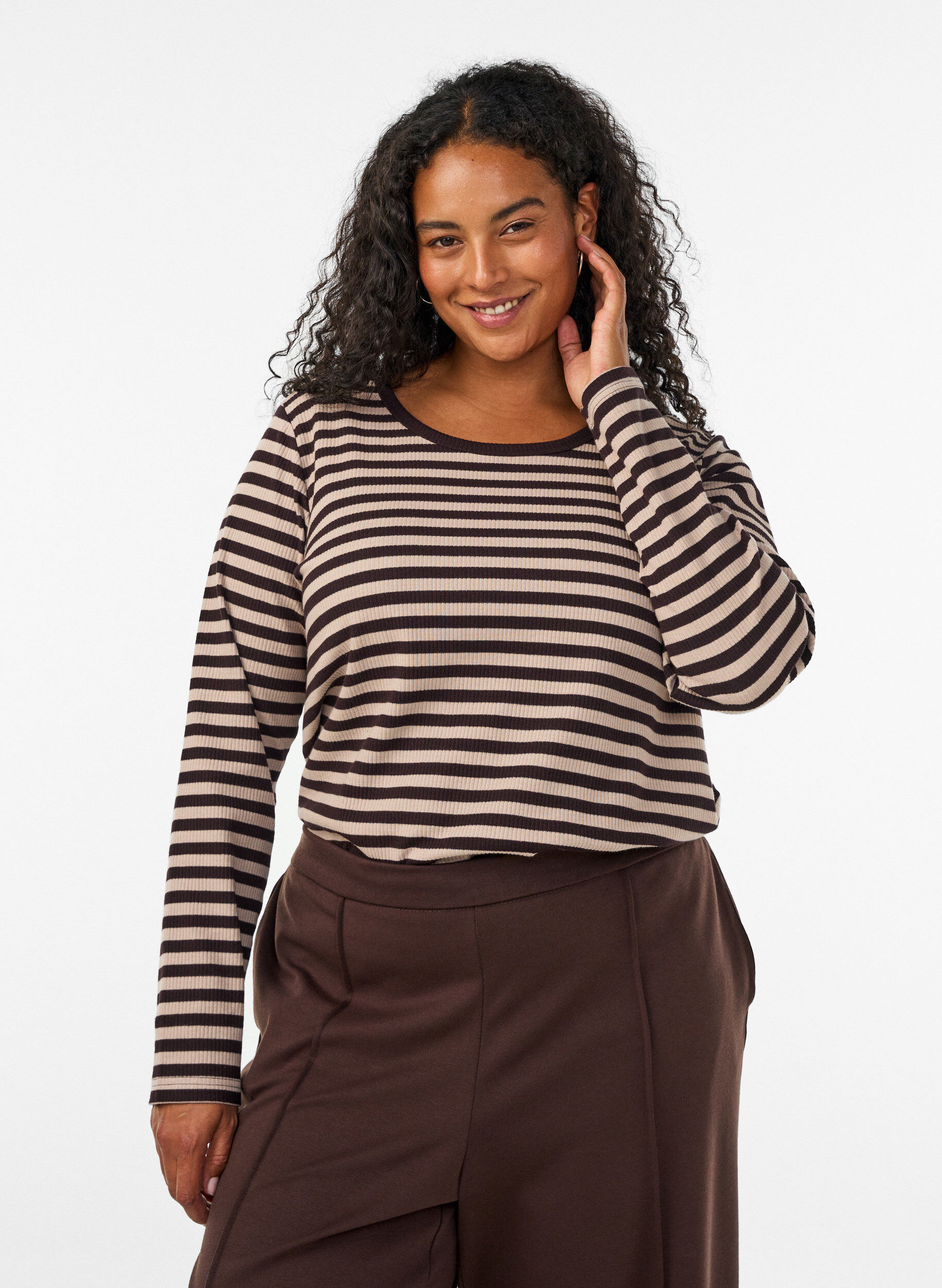 Gestreepte blouse met lange mouwen, Bruin, Model