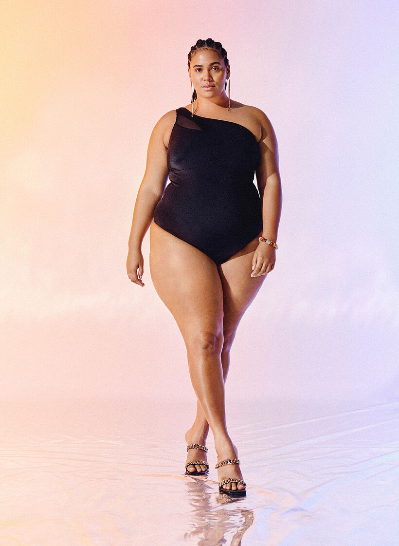 Badpak met &eacute;&eacute;n schouder en meshdetails, Black, Image image number 0