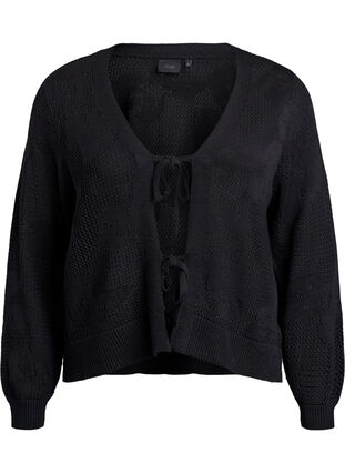ZizziGebreide cardigan met opengewerkt patroon en strikkoordjes, Black, Packshot image number 0