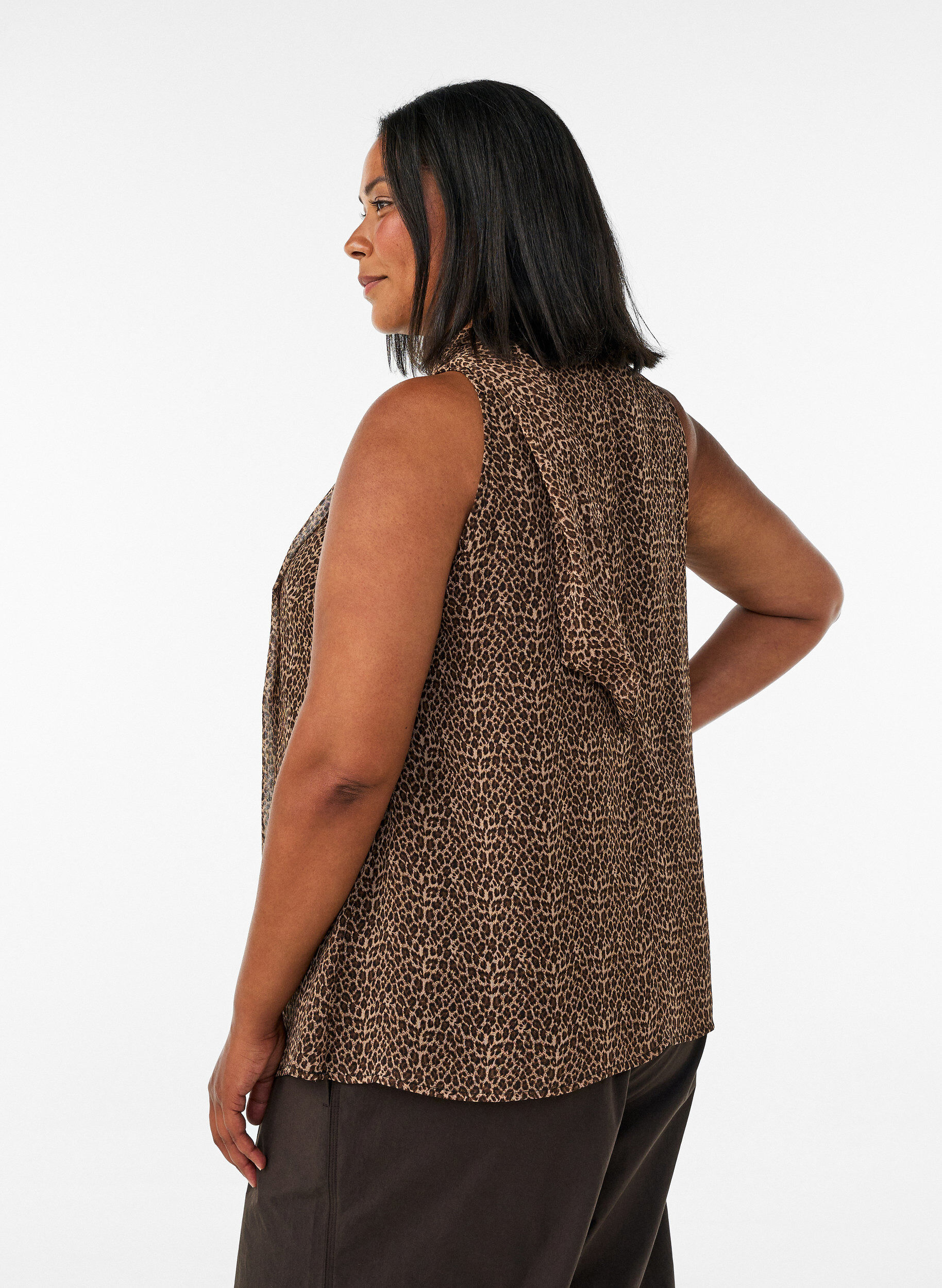 ZizziMouwloze blouse met hoge hals en een strik, Bruin, Model image number 2