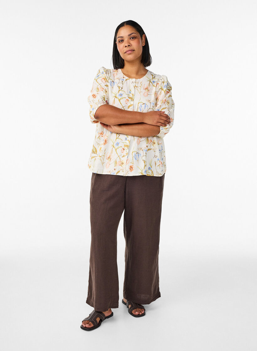 Chemisier en lin et viscose avec manches 3/4, Vanille, Model image number 1