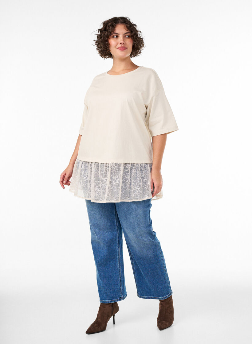Los T-shirt met brede kanten rand, Vanille, Model image number 1