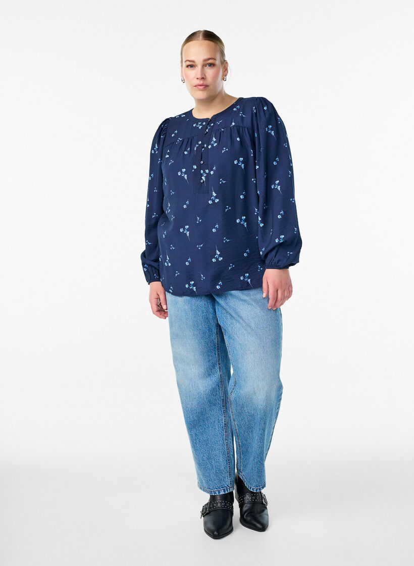 Blouse met knoopsluiting en kleine bloemen, Blauw, Model image number 1