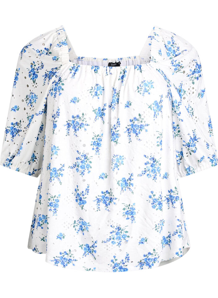 Bloemenblouse met een vierkante halslijn en ajourborduursel, Wit, Packshot image number 0
