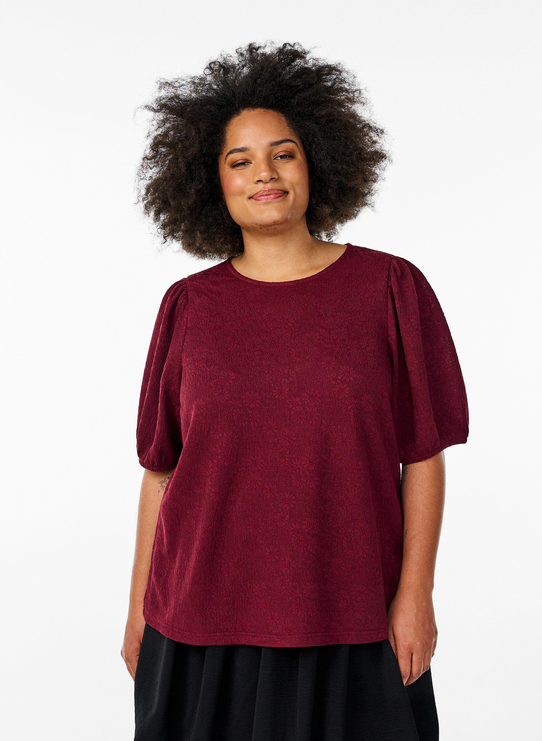 ZizziGestructureerde blouse met korte mouwen, Donker Bordeaux, Model image number 0